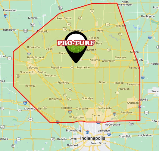 Pro-Turf Service Area Map showing Whitestown and surrounding cities